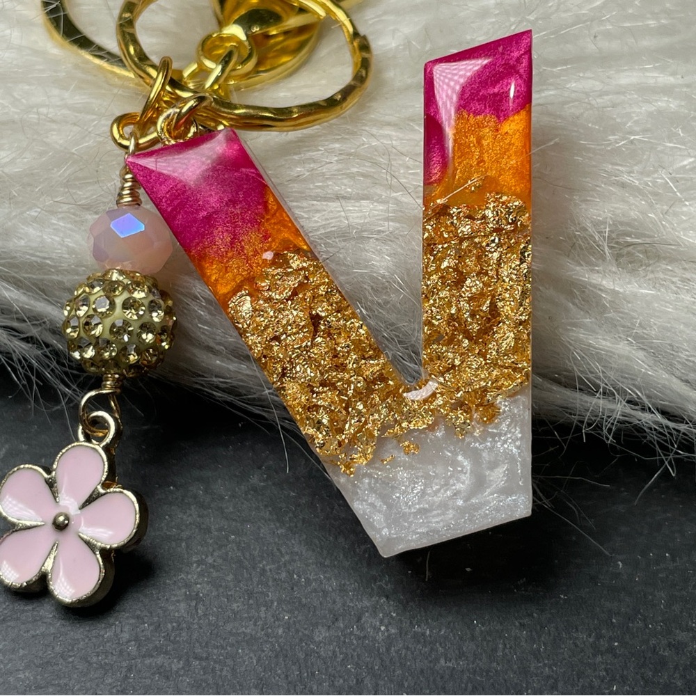 Custom Pink And Orange Resin Letter “V”Keychain with Gold Accents